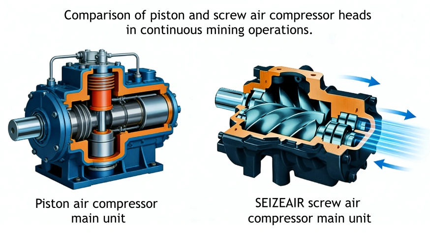 Comparison of piston and screw air compressor heads 
in continuous mining operations.