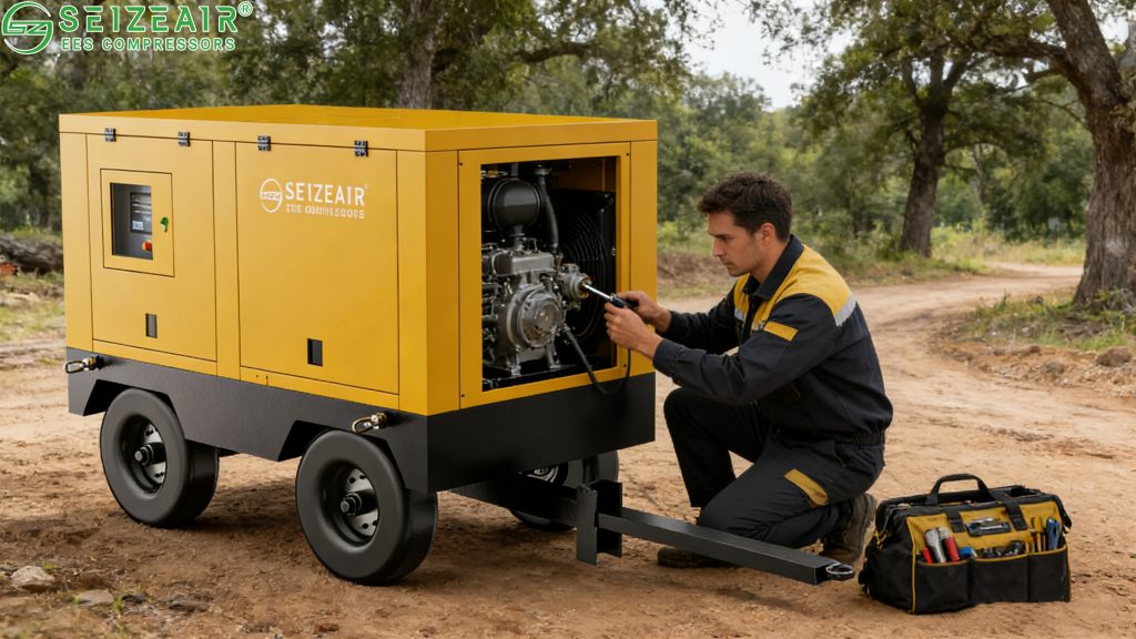 Field service technician performing maintenance on a portable diesel air compressor.