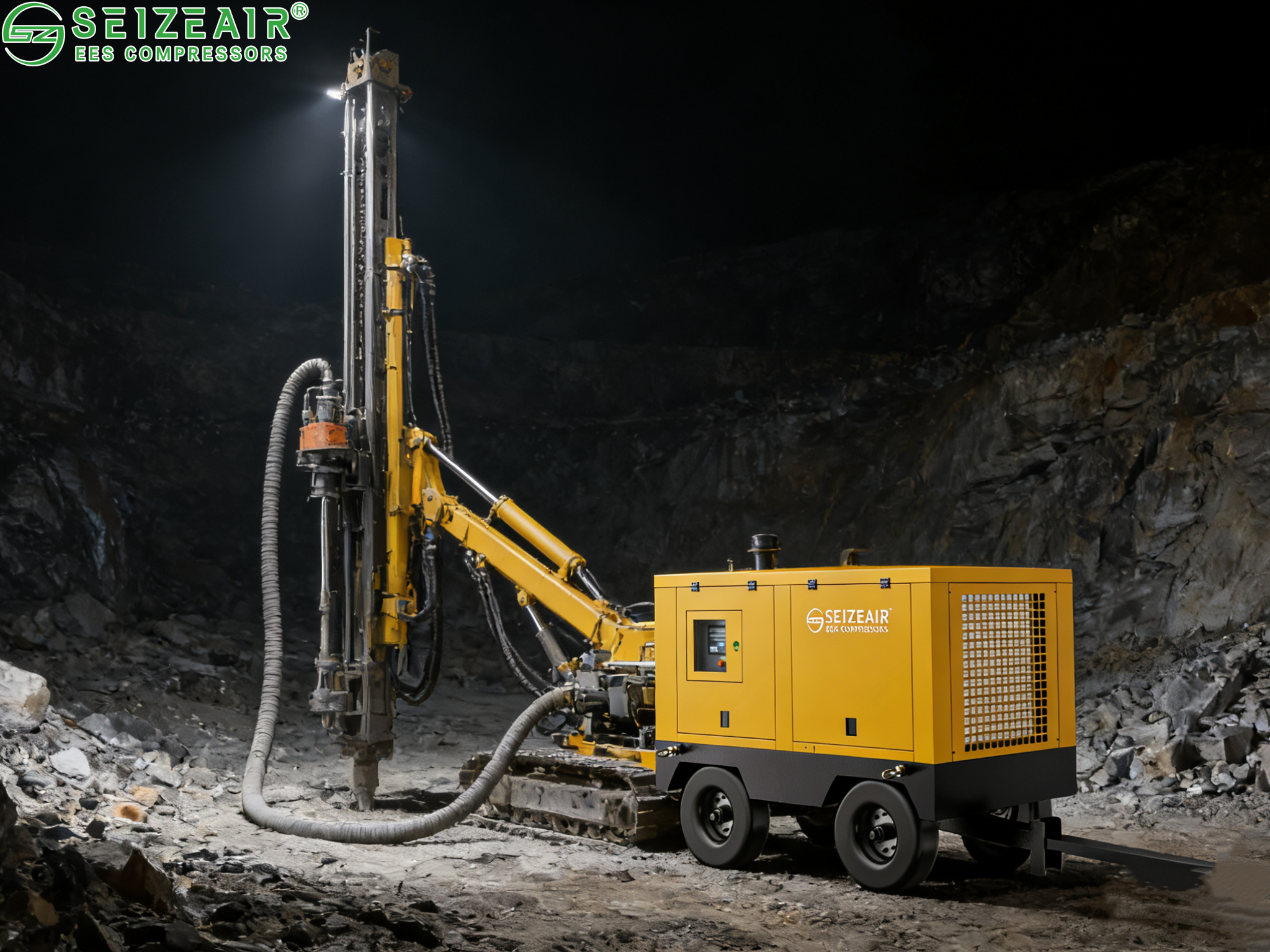 Heavy-duty diesel air compressor operating at a remote mining site, powering drilling equipment.