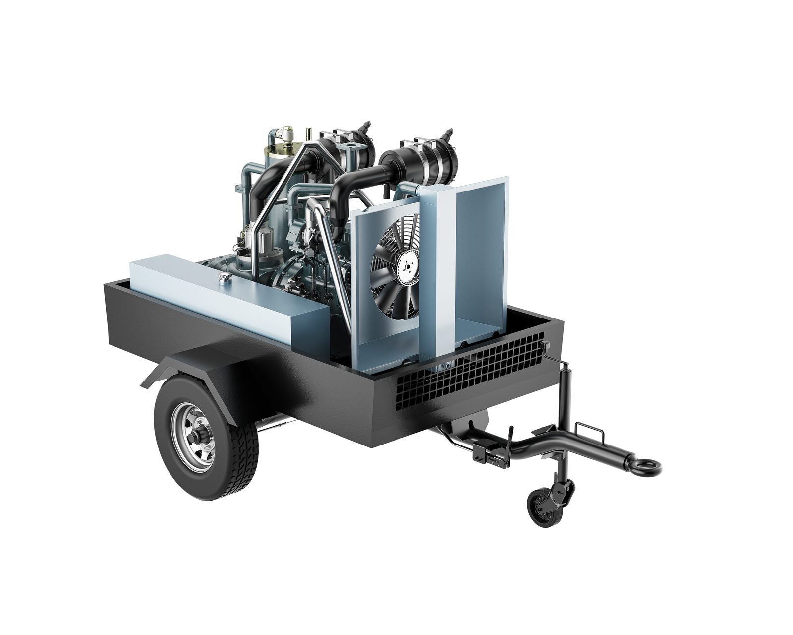 Diesel portable air compressor with exposed engine and cooling system for construction and mining sites