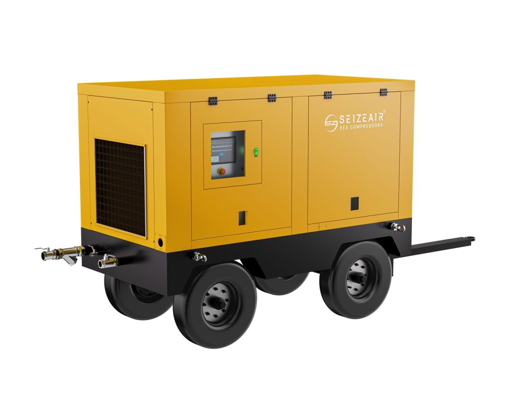 Enclosed electric portable air compressor on trailer with control panel for rental and urban construction