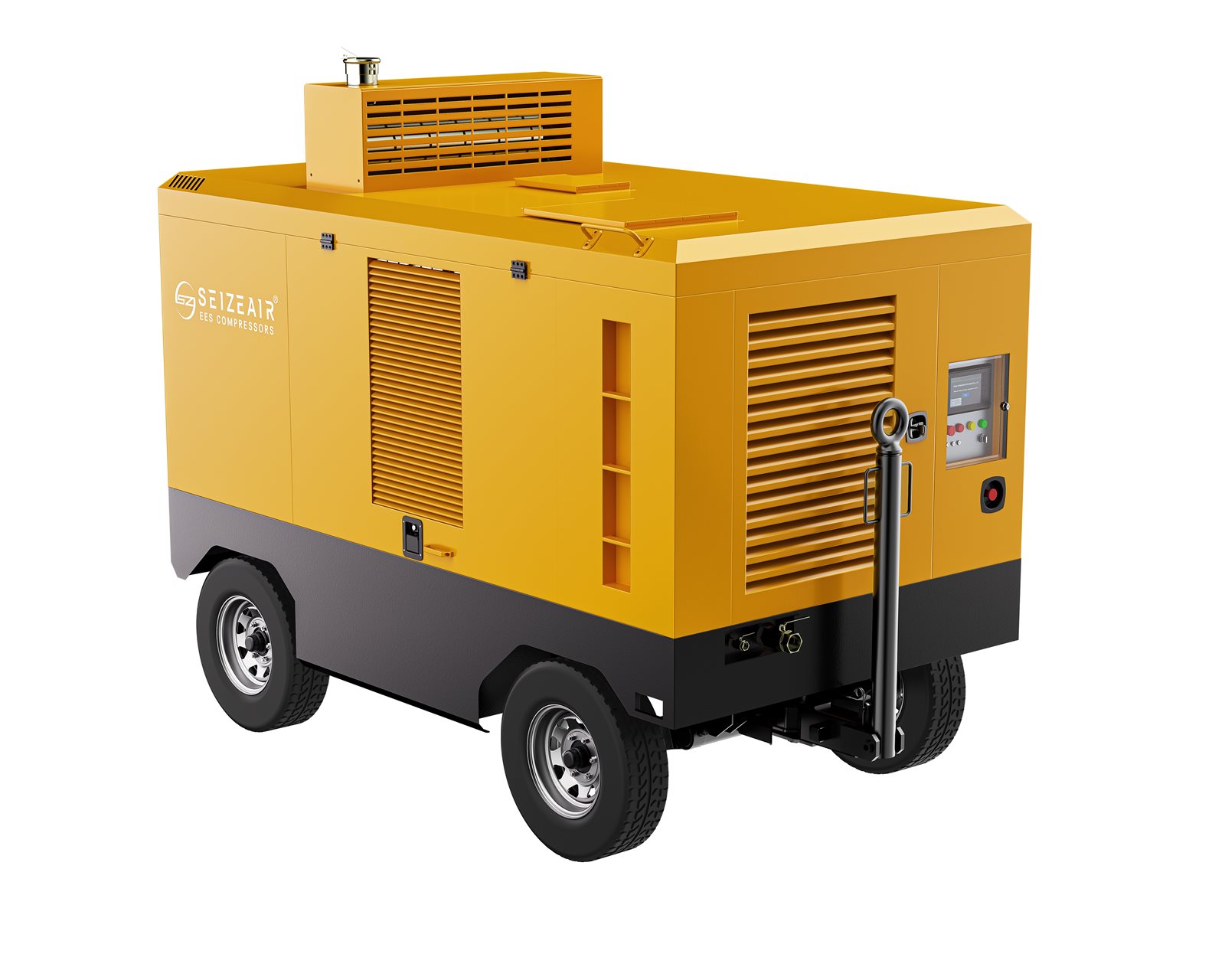 SEIZEAIR diesel mobile air compressor with yellow canopy, black base and control panel