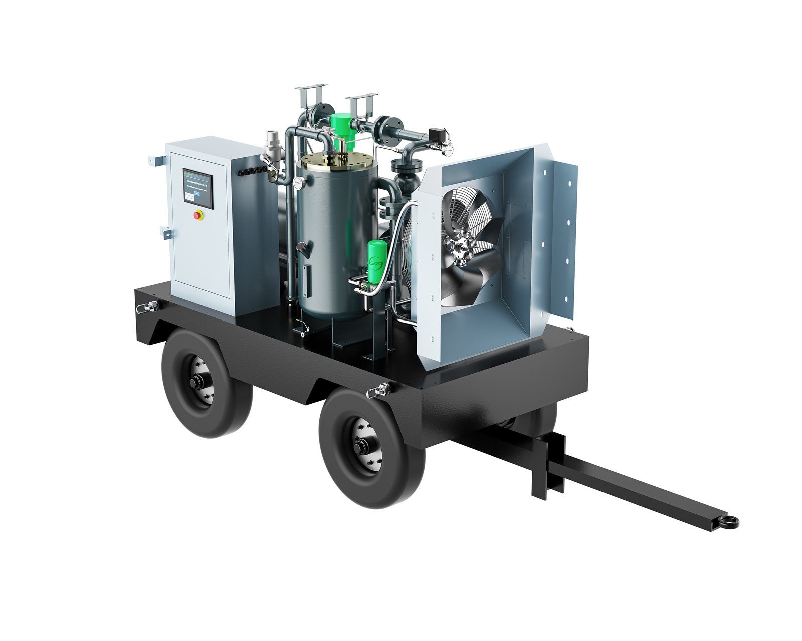 SEIZEAIR electric trailer-mounted compressor system with air receiver, cooling fan and control cabinet