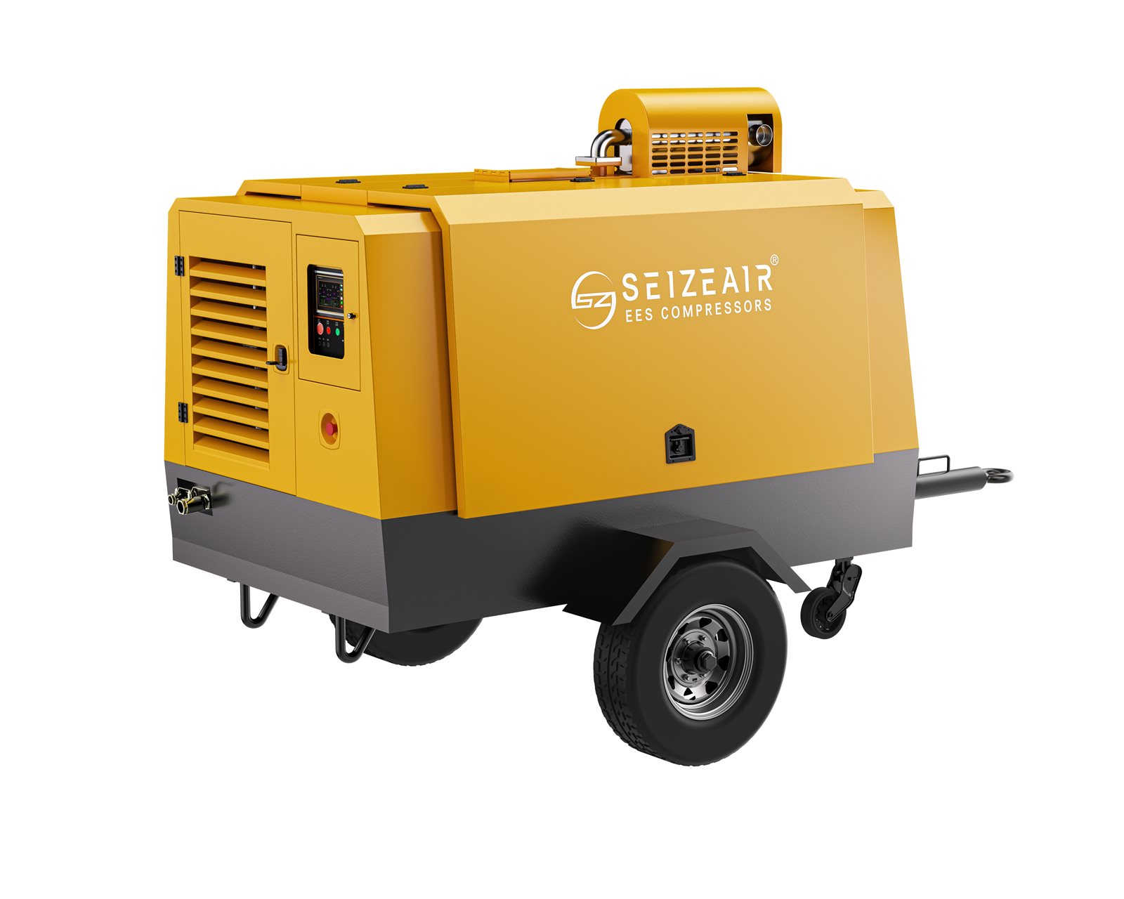SEIZEAIR towable diesel air compressor with tow bar and wheel set for transport