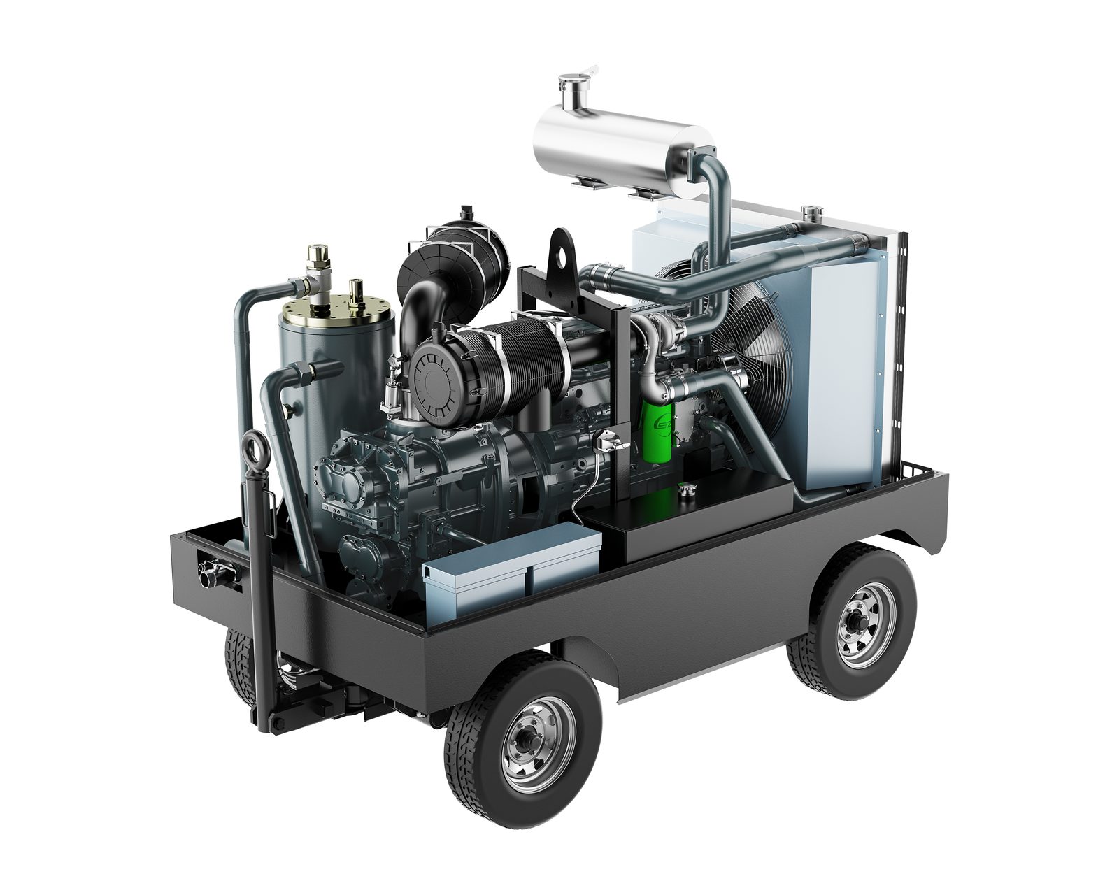 Skid-mounted diesel air compressor with exhaust and filtration components for industrial applications