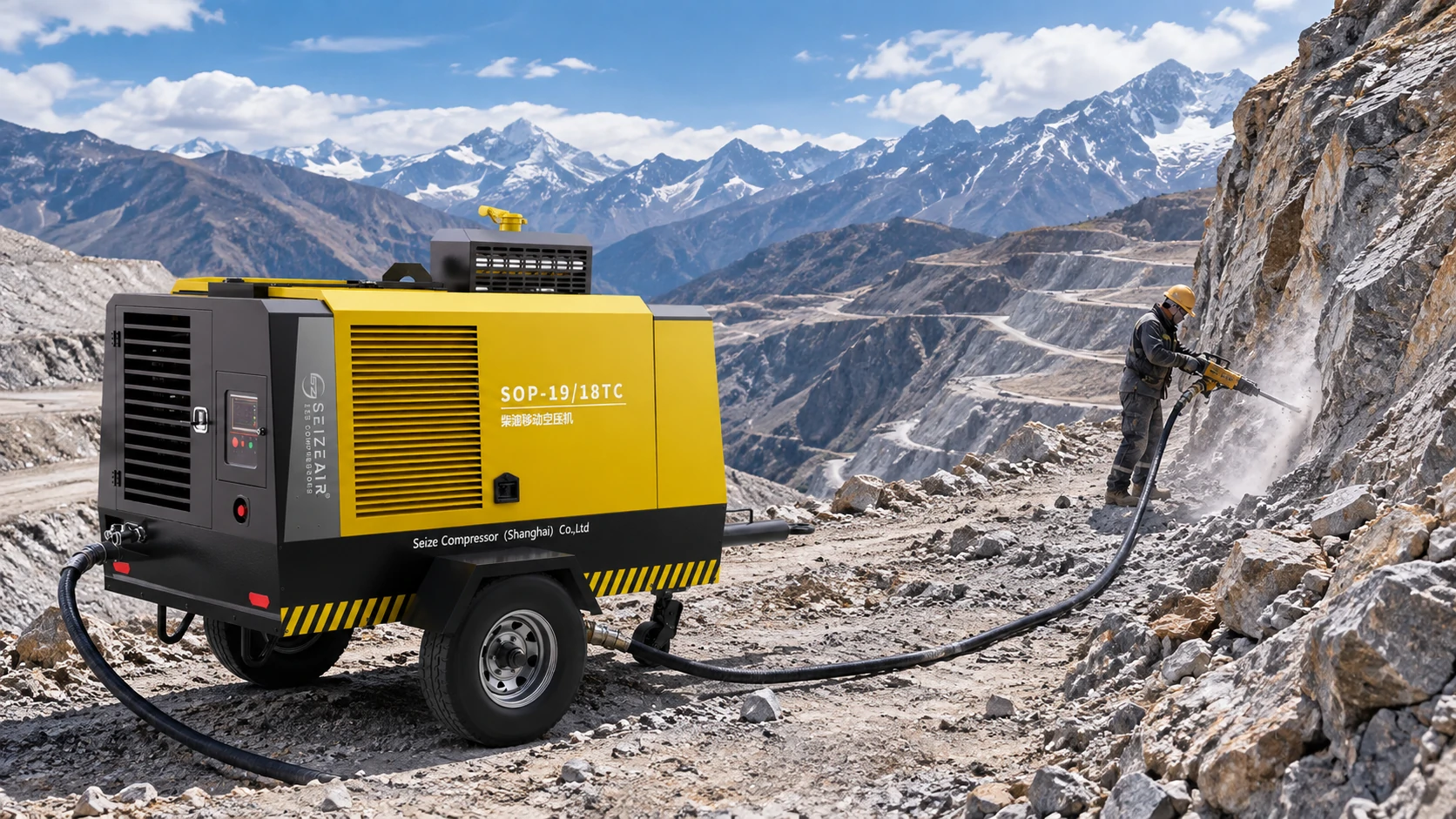 Sizing a diesel portable air compressor for breakers, blast nozzles and DTH hammers. Pressure, flow, altitude, worked example. Request a quote.